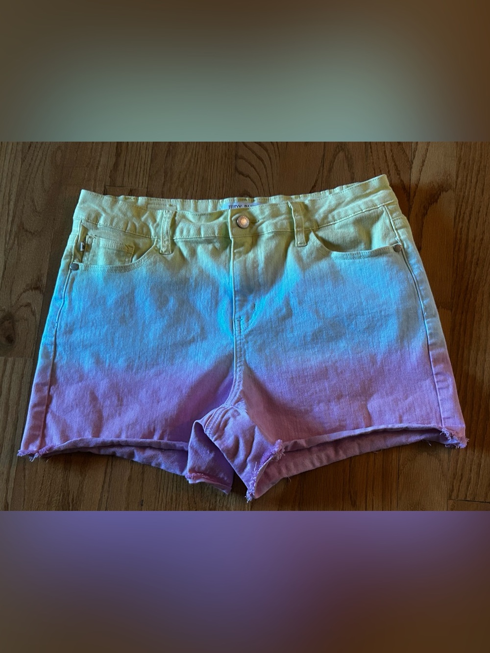 Judy Blue XL Pastel Ombre Denim Shorts Raw Frayed Hem Stretch Rainbow Summer - Picture 2 of 7